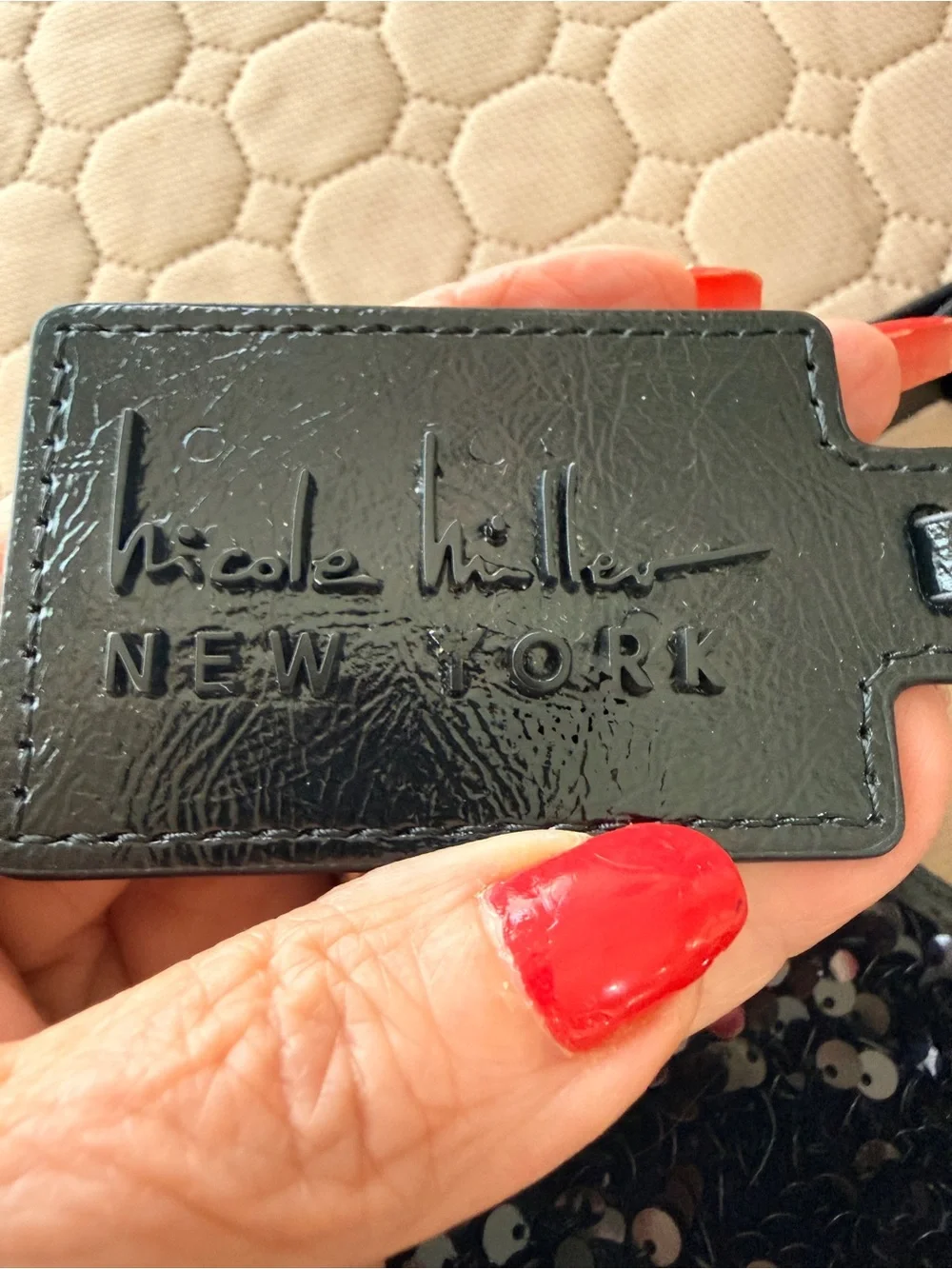 Nicole Miller NWT sequin &
Patent leather evening bag. 
Adjustable strap - Picture 3 of 13